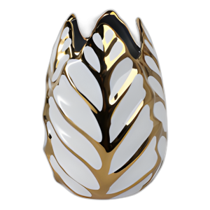 JARRÓN DE HOJAS DE CERÁMICA DE 8´´ , BLANCO/ORO