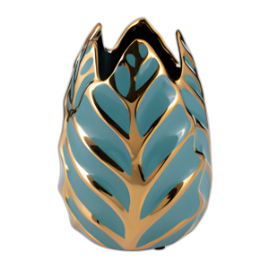 JARRÓN DE HOJAS DE CERÁMICA DE 8´´ H, TURQUESA/ORO
