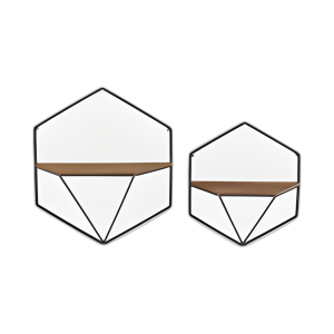 S / 2 ESTANTES DE PARED HEXÁGONO DE METAL / MADERA, MARRÓN