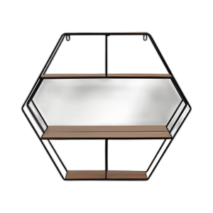 ESTANTE DE PARED HEXÁGONO DE METAL DE 24´´ CON ESPEJO, MARRÓN