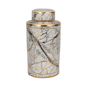 FRASCO DE CERÁMICA DE 16´´ CON TAPA DE ORO, BLANCO