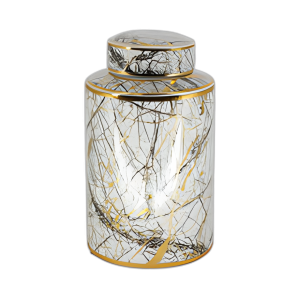 FRASCO DE CERÁMICA DE 12´´ CON TAPA DE ORO, BLANCO