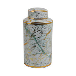 FRASCO DE CERÁMICA DE 16´´ CON TAPA DORADA, VERDE