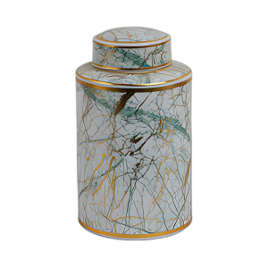 FRASCO DE CERÁMICA DE 12´´ CON TAPA DORADA, VERDE