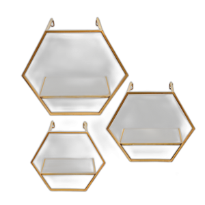 S/3 ESTANTES DE PARED HEXÁGONO DE METAL/MADERA, ORO