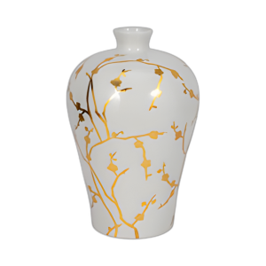 CER 15´´ H, JARRÓN CON CALCOMANÍA DE ORO, BLANCO