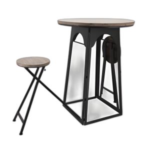 METAL/ MADERA, MESA DE 41´´ H CON SILLAS PLEGABLES, MARRÓN