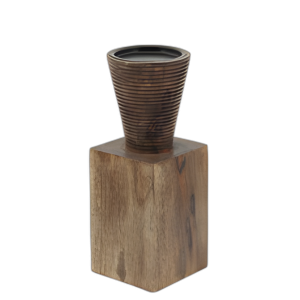 MADERA, 10´´ H, CANDELABRO GEOMÉTRICO, MARRÓN