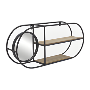 METAL/ MADERA, ESTANTE DE PARED OVALADO DE 23´´ L CON ESPEJO, NEGRO/