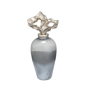 METAL, JARRÓN DE 18´´ CON TAPA TEXTURIZADA, GRIS/ PLATA