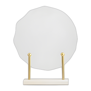 METAL, 21´´ H, DISCO DE VIDRIO MOTEADO EN EL SOPORTE DE MÁRMOL, WHI