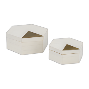RESINA, S/2 CAJAS HXGON DE 5/7´´ CON INCRUSTACIONES DE LATÓN, WHT/GLD