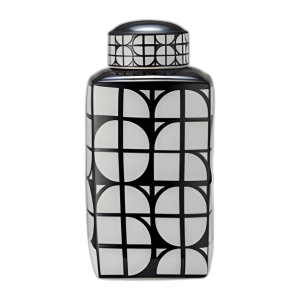 CER, JARRA CUADRADA DE 18´´ H CON TAPA, NEGRO/ BLANCO