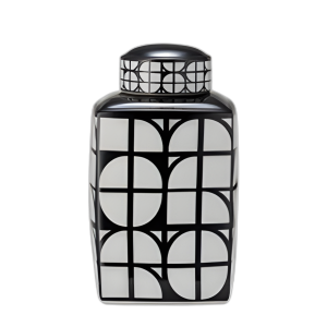 CER, FRASCO CUADRADO DE 16´´ H CON TAPA, NEGRO/ BLANCO