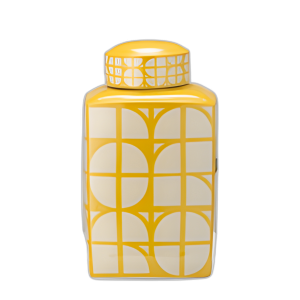 CER, FRASCO CUADRADO DE 16´´ H/ TAPA, AMARILLO/ ALGODÓN
