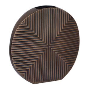 METAL, JARRÓN ACANALADO REDONDO DE 13´´ H, ANTIGUO DE LATÓN