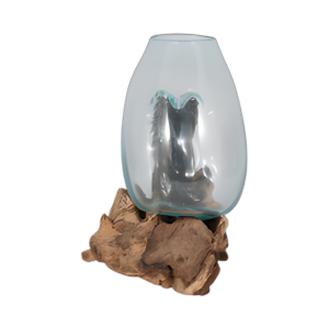 JARRÓN DE VIDRIO DE 14´´ H EN SOPORTE DE MADERA, MARRÓN