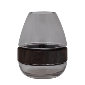 VIDRIO, JARRÓN DE VIENTRE DE 10´´ CON BANDA DE MADERA, TRANSPARENTE