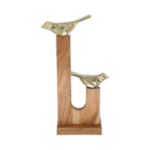 MADERA, 2 PÁJAROS EN LA BASE, ORO/MARRÓN