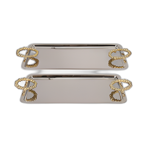METAL, BANDEJAS S/2 23/28´´ CON MANIJAS DE CUENTAS, PLATA