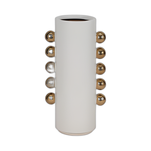 CER, JARRÓN DE 13´´ CON PERILLAS LATERALES, BLANCO/ ORO