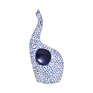 ELEFANTE DE TRONCO ESTAMPADO A MANO DE 11´´ , AZUL/BLANCO