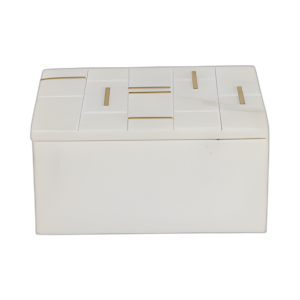 CAJA DE MÁRMOL BLANCO DE 6´´ CON INCRUSTACIÓN DE LATÓN, BLANCO/ORO