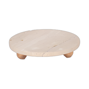 BANDEJA DE TRAVERTINO DE 10´´ EN PIES DE BOLA DE MADERA, BRONCEADO