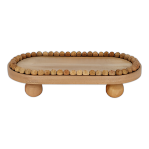 BANDEJA OVALADA CON CUENTAS DE 16´´ CON PIES DE PELOTA, NATURAL