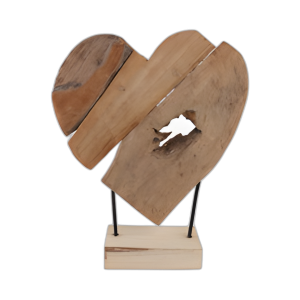 CORAZÓN DE RAÍZ DE TECA DE 20´´ EN EL SOPORTE, NATURAL