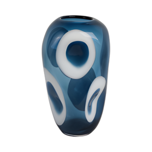 JARRÓN DE VIDRIO DE LUNARES CON CURVAS DE 14X8´´ , AZUL/BLANCO
