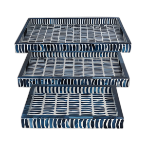 BANDEJAS S/3 13/18/24´´ CON PIEZAS DE INCRUSTACIÓN, AZUL/BLANCO