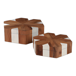 S/2 CAJAS HEXÁGONO DE INCRUSTACIONES DE MADERA DE 10/12´´ , NATURAL/BLANCA