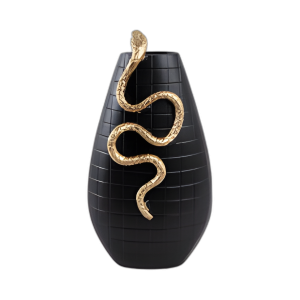 SERPIENTE CURVA DE 16X10´´ EN JARRÓN, NEGRO/DORADO