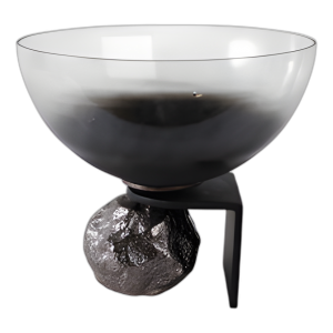 TAZÓN DE VIDRIO DE 11X10´´ EN PEDESTAL DE ROCA, NEGRO/PLATA