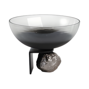 TAZÓN DE VIDRIO DE 14X11´´ EN PEDESTAL DE ROCA, NEGRO/PLATA