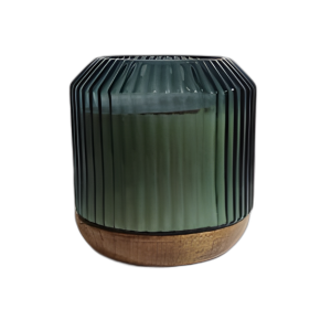 VELA DE VIDRIO DE 6´´ 42 OZ CON BASE DE MADERA, VERDE